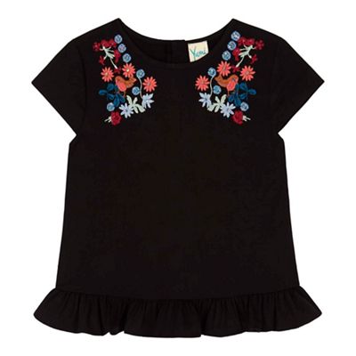 Yumi Girl Black Floral Embroided Peplum Top